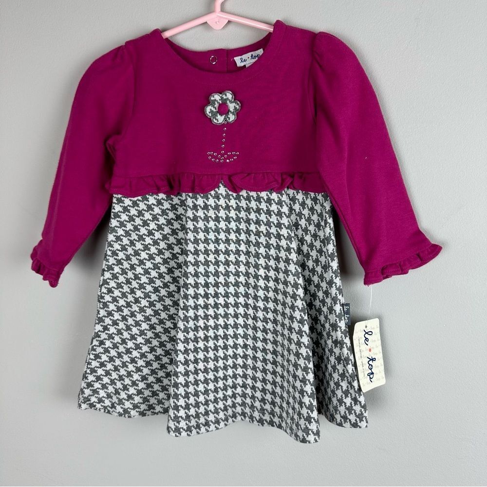 Le Top Pink Houndstooth Dress Floral Detail Baby Girls 18M NWT